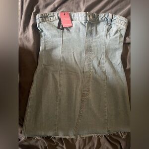 Petite Light Blue Wash Denim Bandeau Mini Dress